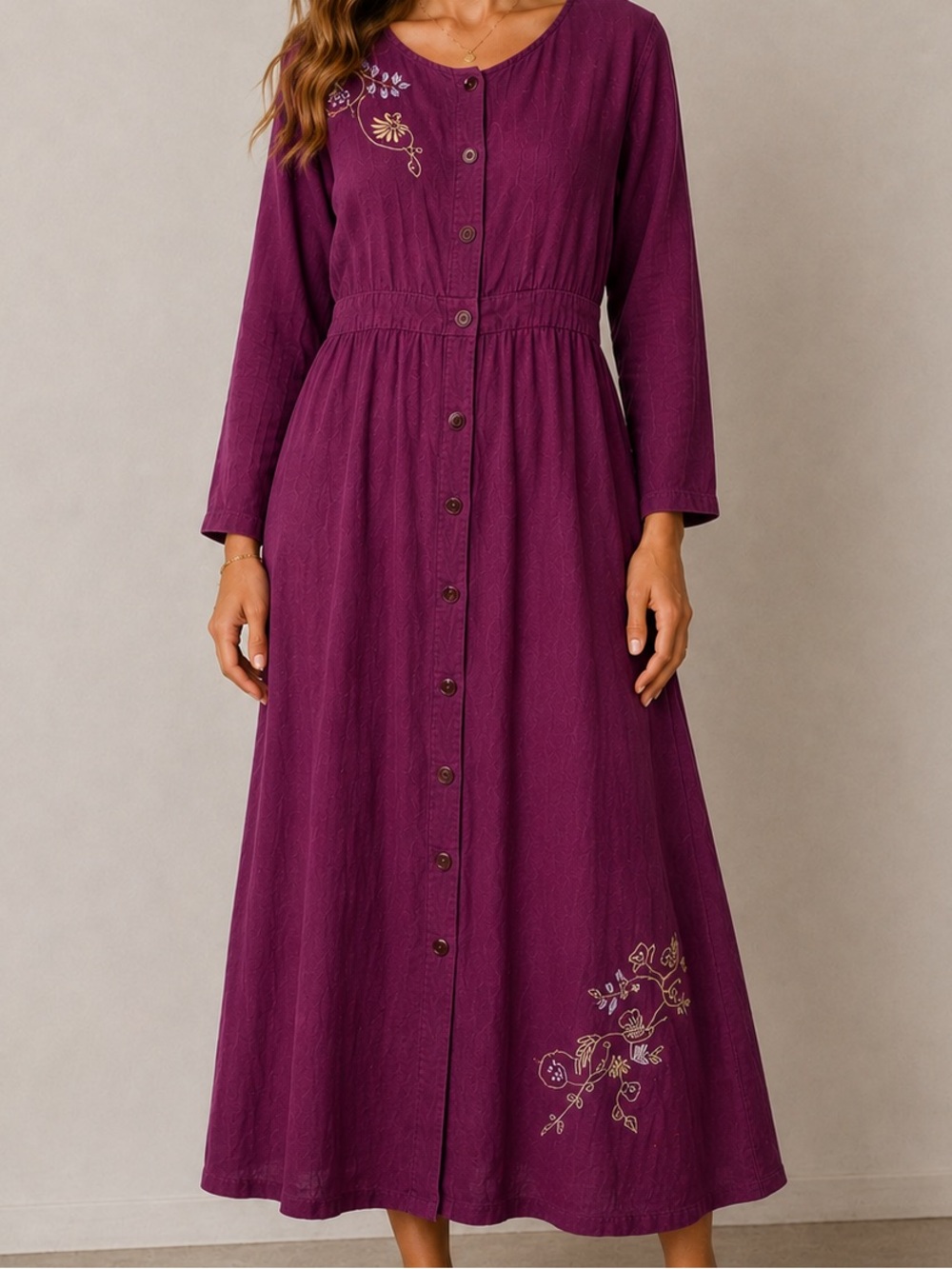 Vintage Khaki Rose Corduroy Dress
